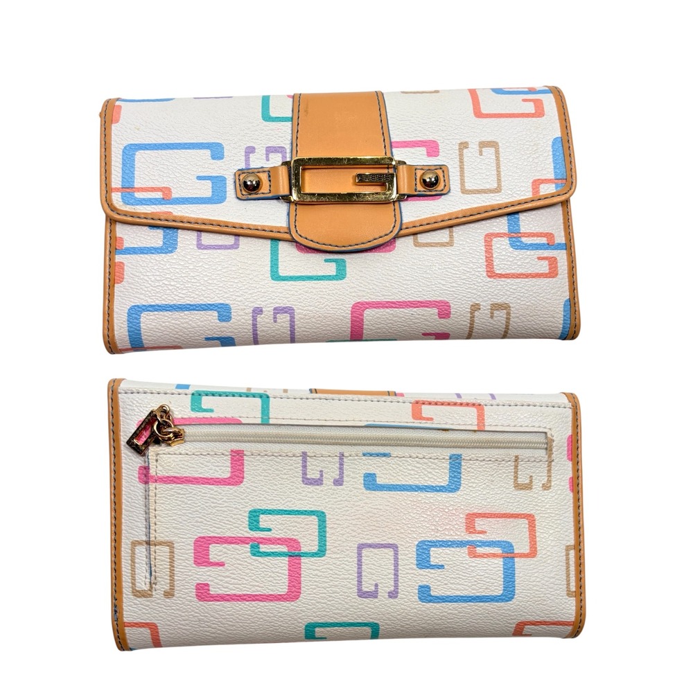 Guess Wallet OS White Multi-Color G Logo Monogram Y2K Tri-fold Gold Hardware‎